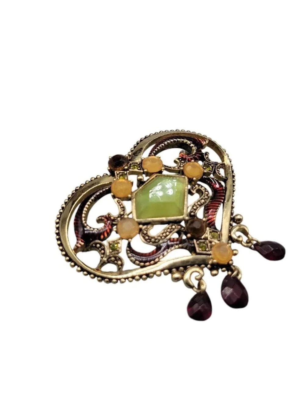 Gold Plated Enamel Heart Pin Green Chalcedony Dangle Glass Rhinestone Art Deco